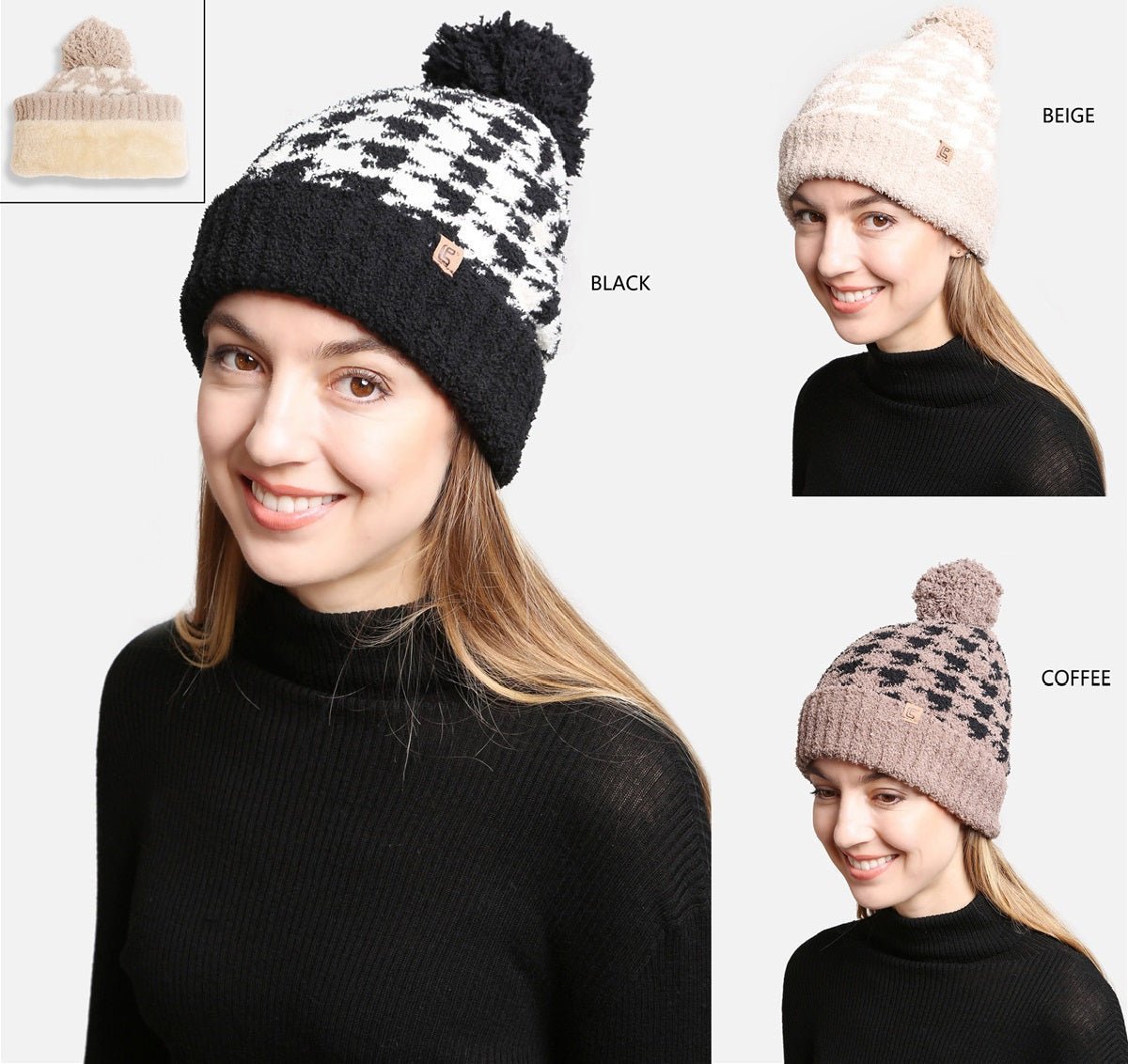 JH302 Houndstooth Super Lux Cuffed Pom-Pom Beanie - Honeytote