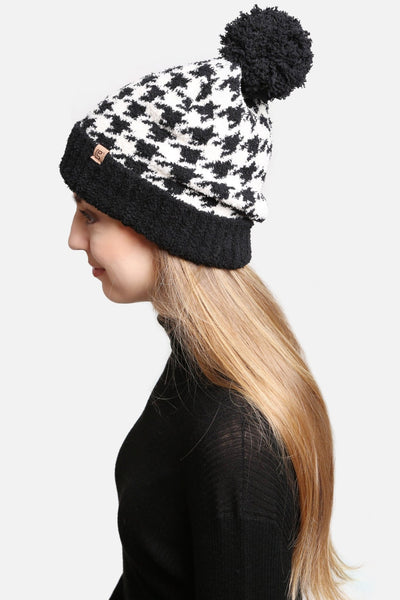 JH302 Houndstooth Super Lux Cuffed Pom-Pom Beanie - Honeytote