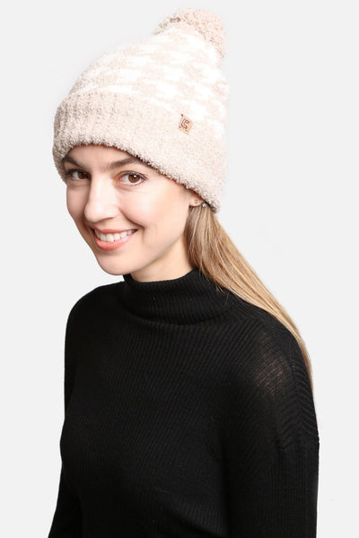 JH302 Houndstooth Super Lux Cuffed Pom-Pom Beanie - Honeytote