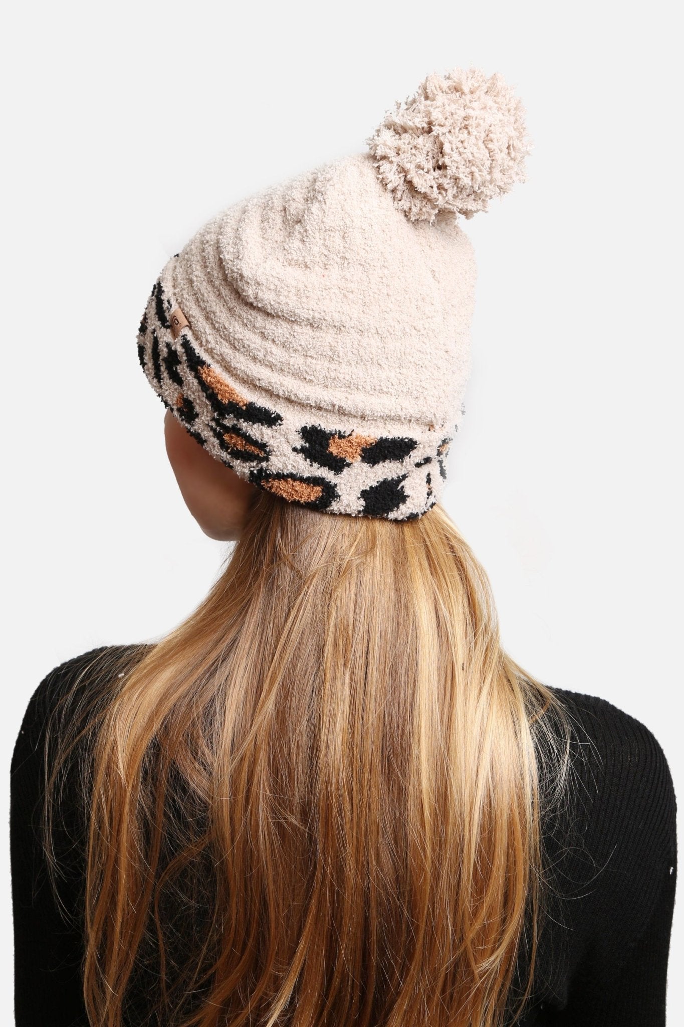 JH303 Leopard Cuffed Super Lux Lined Pom-Pom Beanie - Honeytote