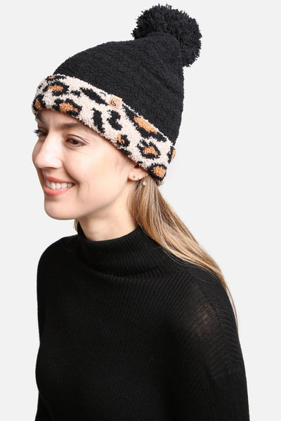 JH303 Leopard Cuffed Super Lux Lined Pom-Pom Beanie - Honeytote