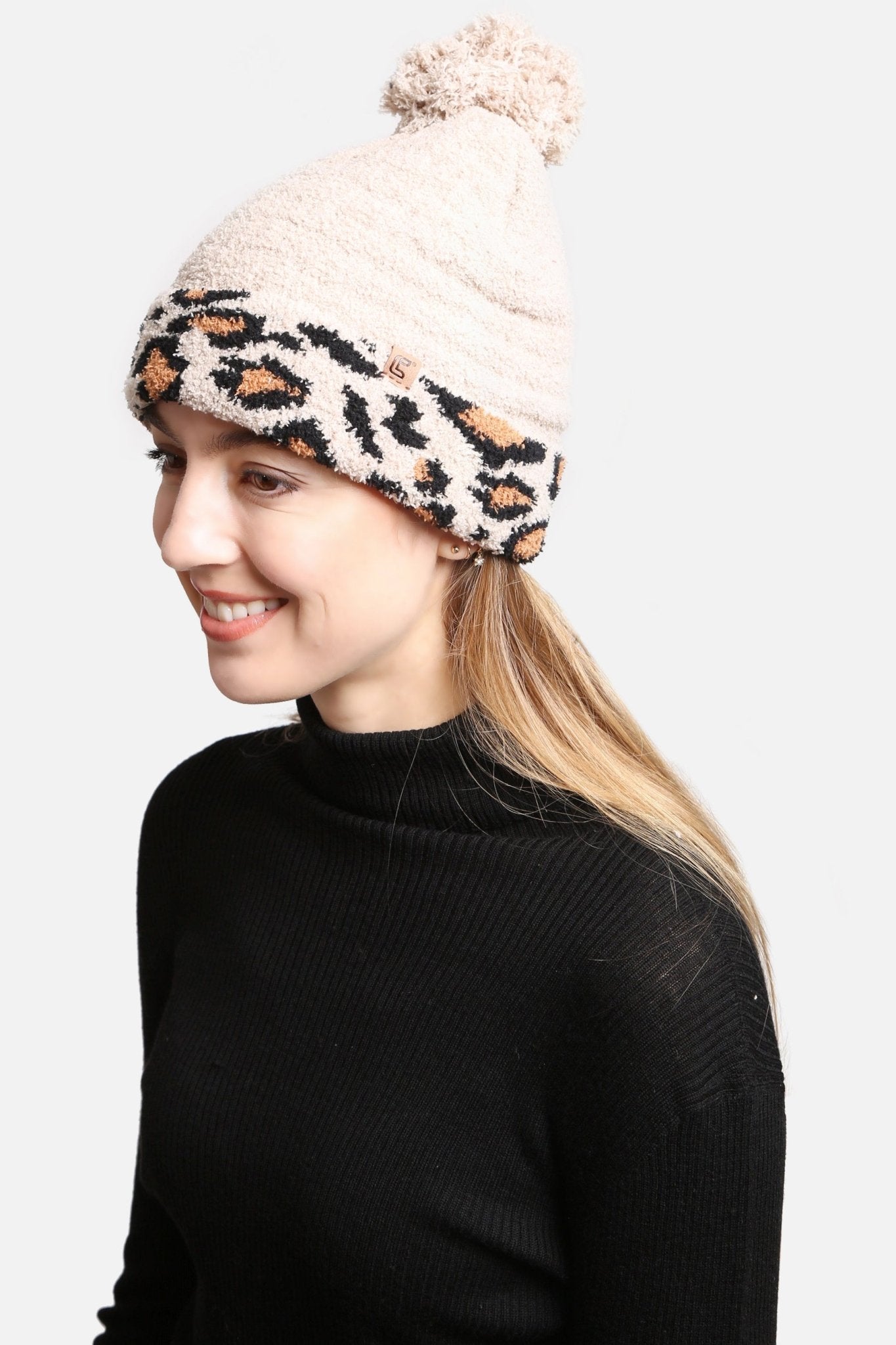 JH303 Leopard Cuffed Super Lux Lined Pom-Pom Beanie - Honeytote