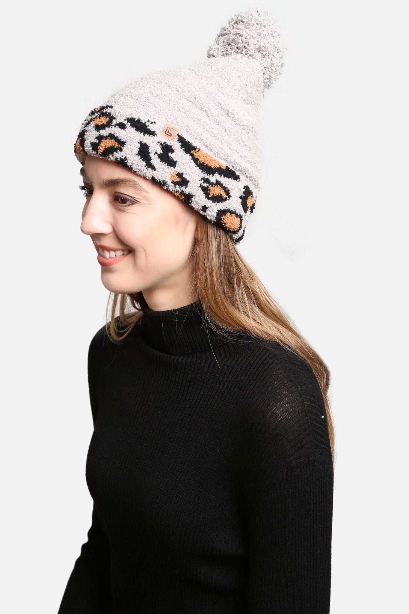 JH303 Leopard Cuffed Super Lux Lined Pom-Pom Beanie - Honeytote