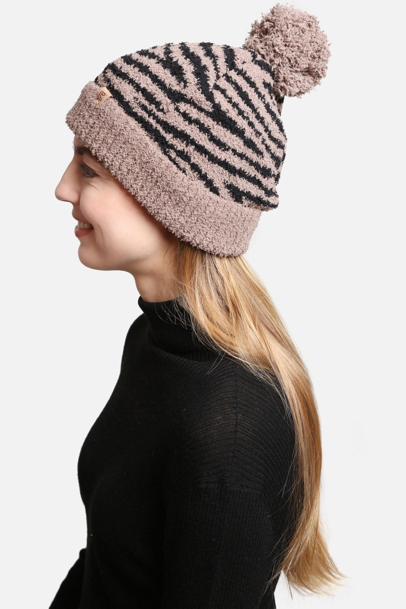 JH307 Super Lux Lined Pom-Pom Zebra Beanie - Honeytote