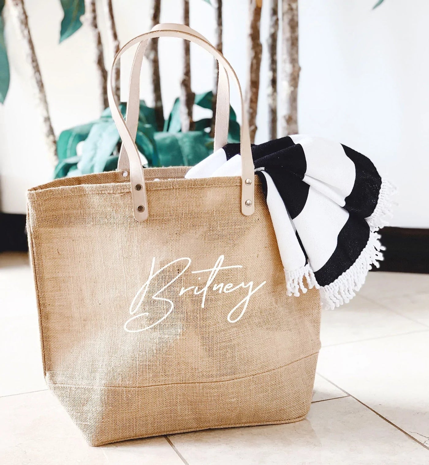 JUTE Leather Handle Jute Burlap Tote - Honeytote