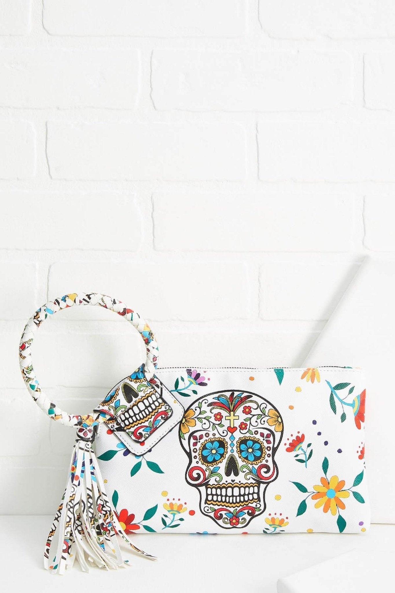 JY0406 Gabriela Sugar Skull Day of the Dead Tassel Wristlet/Clutch - Honeytote