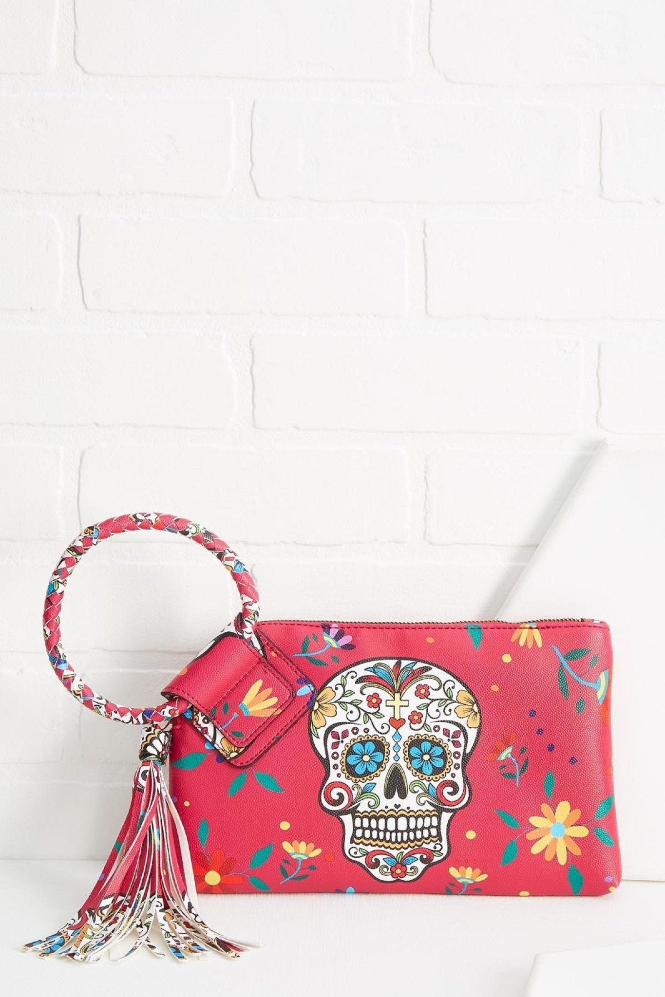 JY0406 Gabriela Sugar Skull Day of the Dead Tassel Wristlet/Clutch - Honeytote