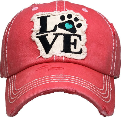 KBV1368 "Paw Love" Vintage Washed Baseball Cap - Honeytote