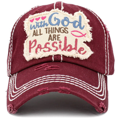 KBV1404 ''WITH GOD ALL THINGS ARE POSSIBLE'' Distressed Cotton Cap - Honeytote