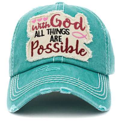 KBV1404 ''WITH GOD ALL THINGS ARE POSSIBLE'' Distressed Cotton Cap - Honeytote