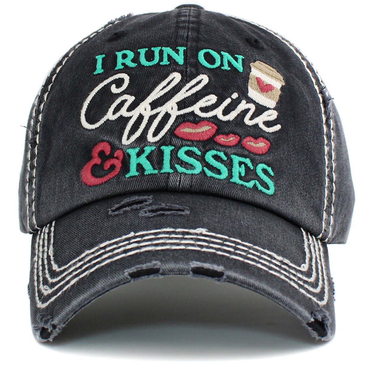 KBV1439 "I Run On Caffeine & Kisses" Washed Vintage Ballcap - Honeytote