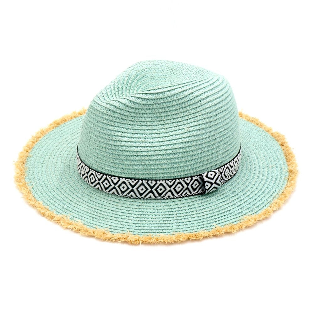MH0039 Frayed Trim Aztec Banded Straw Hat