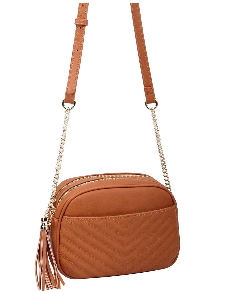 WU121 Veronica Double Zipper V Pattern Stitch Tassel Crossbody Bag